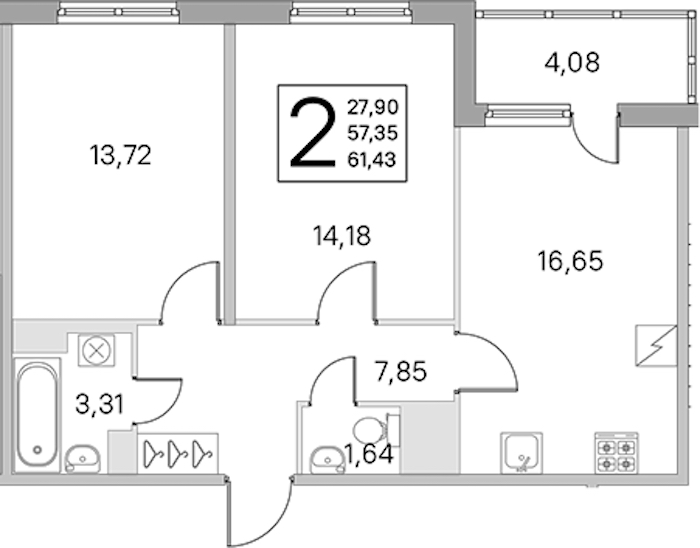 2-комнатная квартира 57.35 м², 5/5 эт., ЖК «ЮгТаун. Олимпийские кварталы»